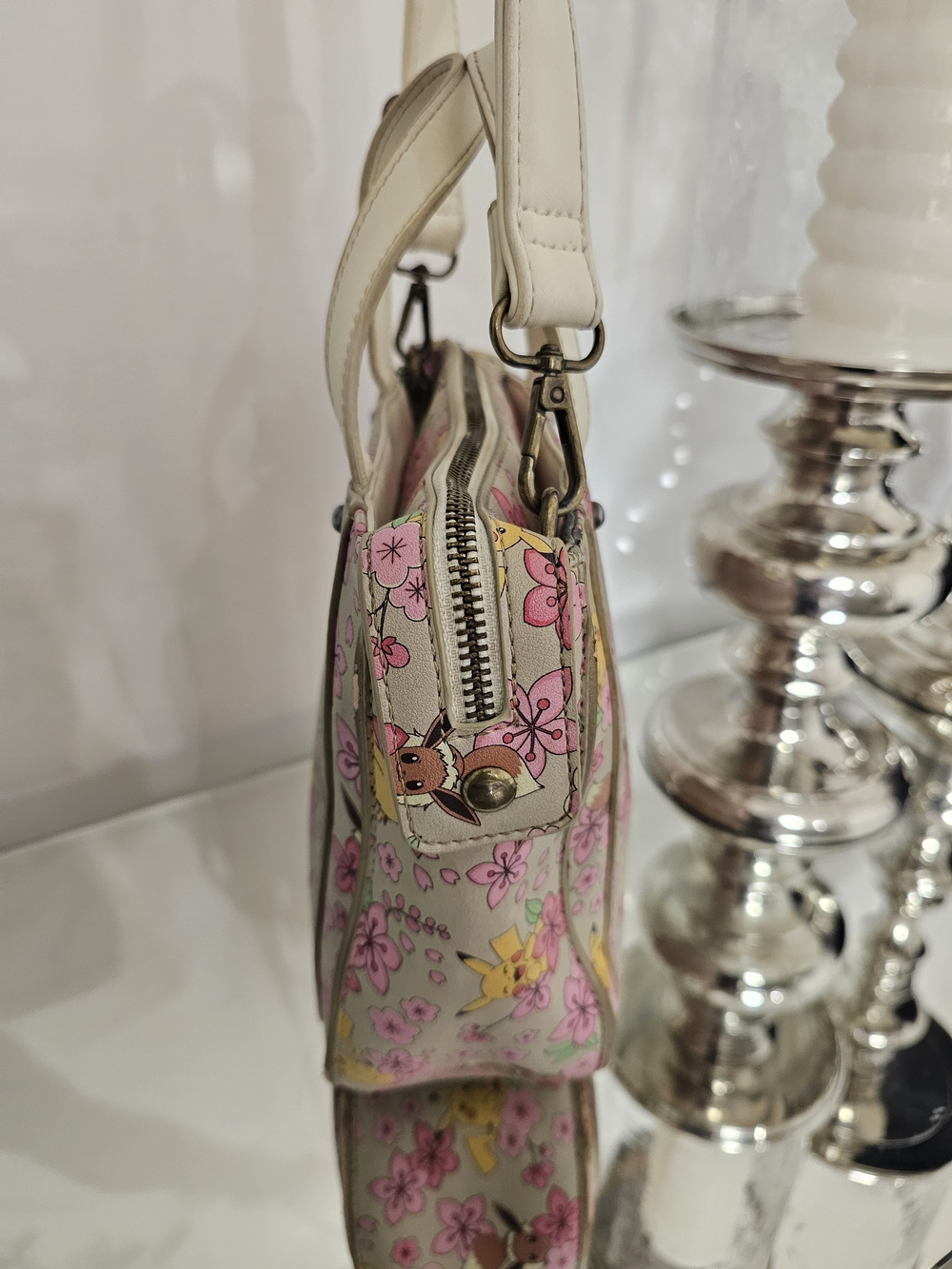 Loungefly Cream Mini Crossbody with Pink Floral Pikachu & Eevee Print - Picture 2 of 7